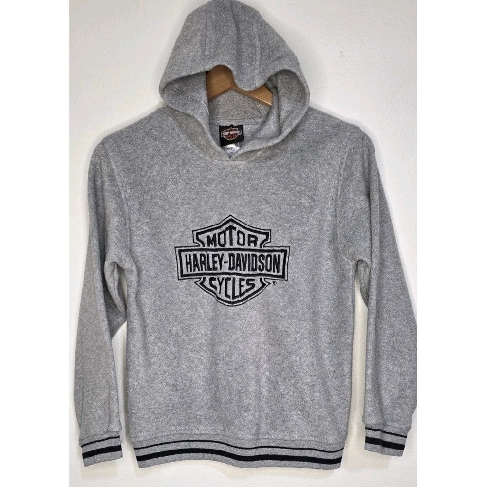 Harley Davidson Fleece Hoodie Sweatshirt Kids M 12/14 Embroidered Logo Gray Moto